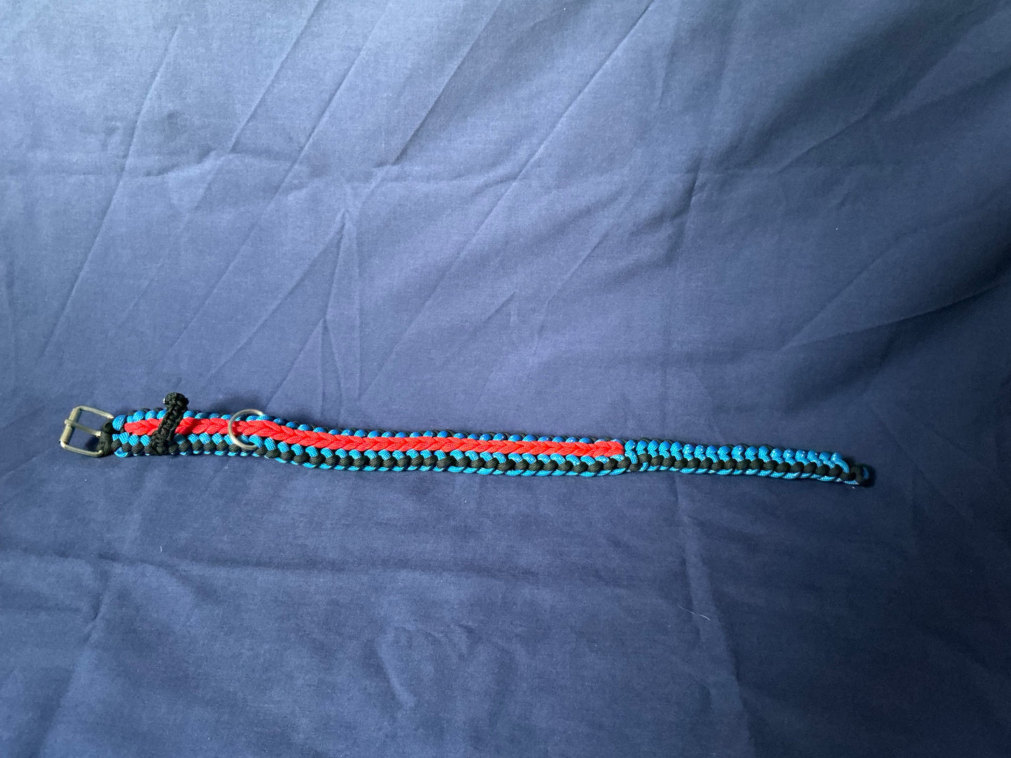 1.5” Wide 17” Long Light and dark Blue, Red & Black Candy striped Braided Paracord DogCollar Semi Adjustable.