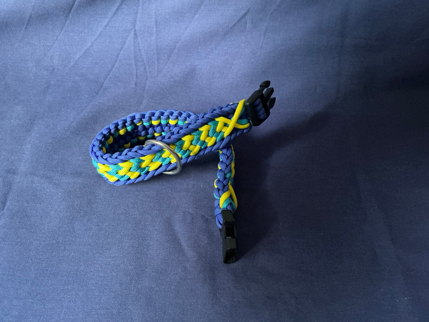 1.4” Wide 17” Long Light and Dark Blue, with Yellow Braided None Adjustable Paracord Dog Collar