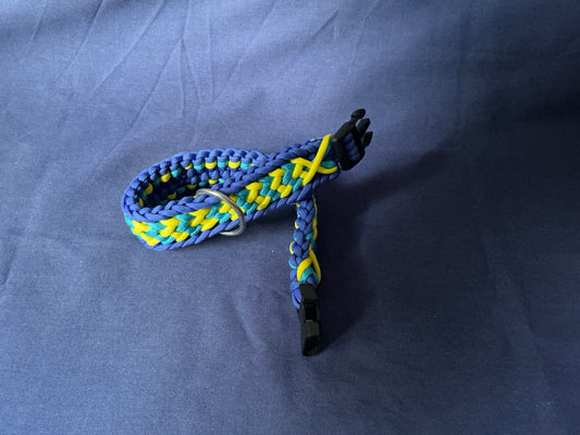 1.4” Wide 17” Long Light and Dark Blue, with Yellow Braided None Adjustable Paracord Dog Collar