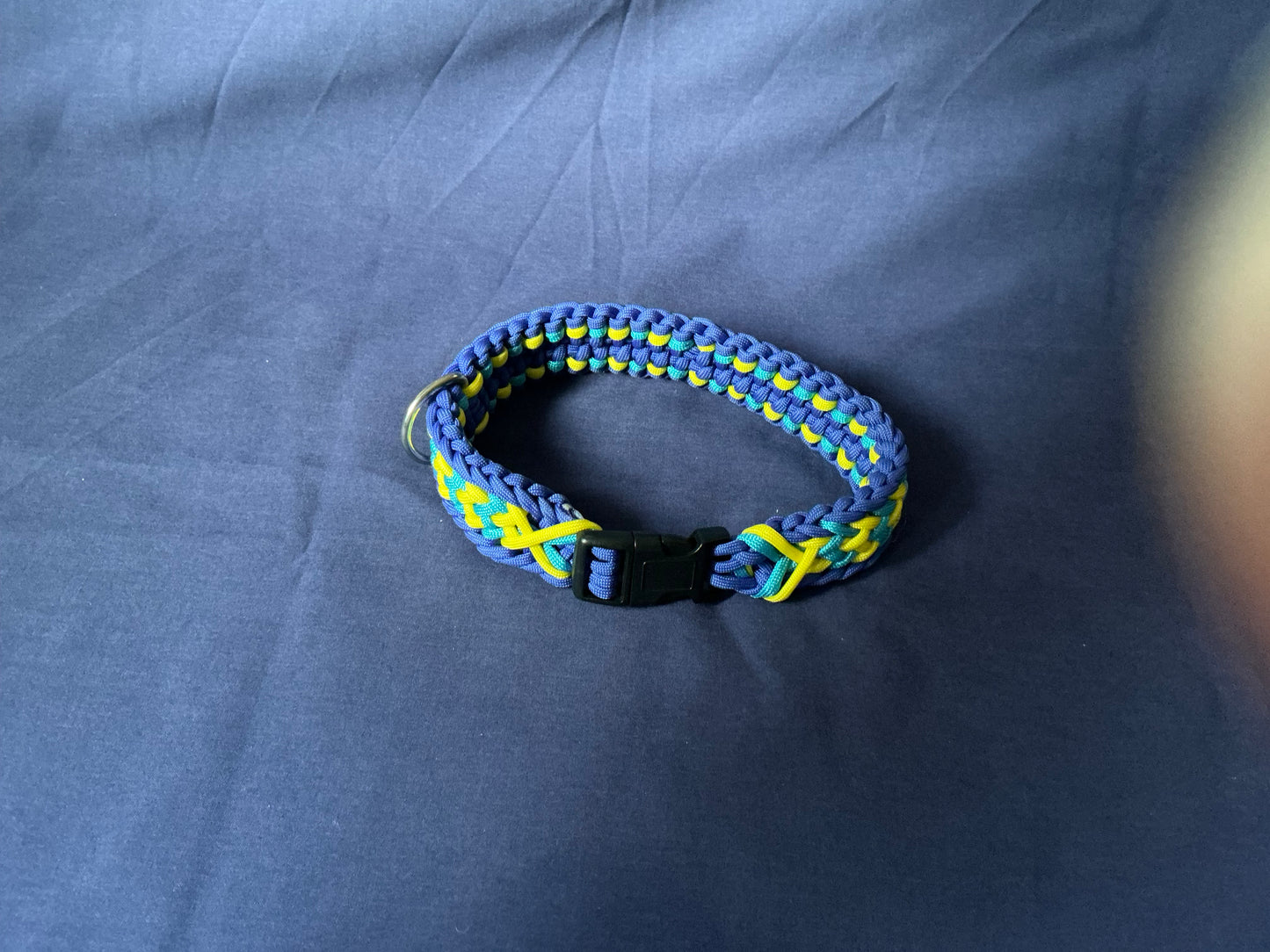 1.4” Wide 17” Long Light and Dark Blue, with Yellow Braided None Adjustable Paracord Dog Collar