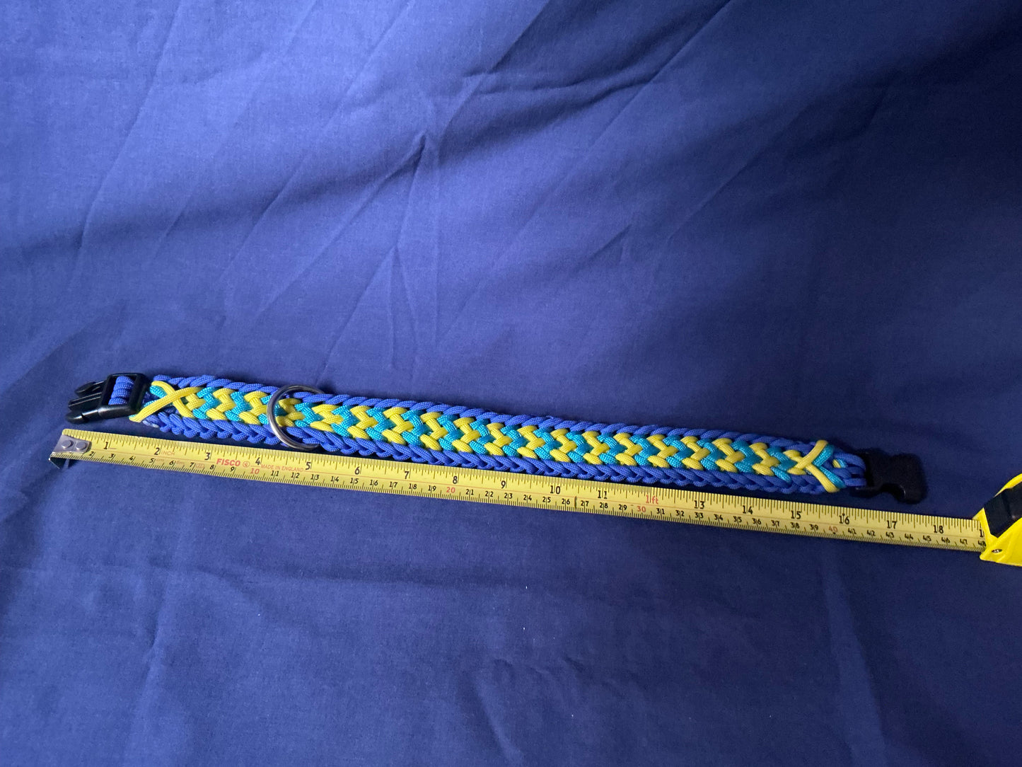 1.4” Wide 17” Long Light and Dark Blue, with Yellow Braided None Adjustable Paracord Dog Collar