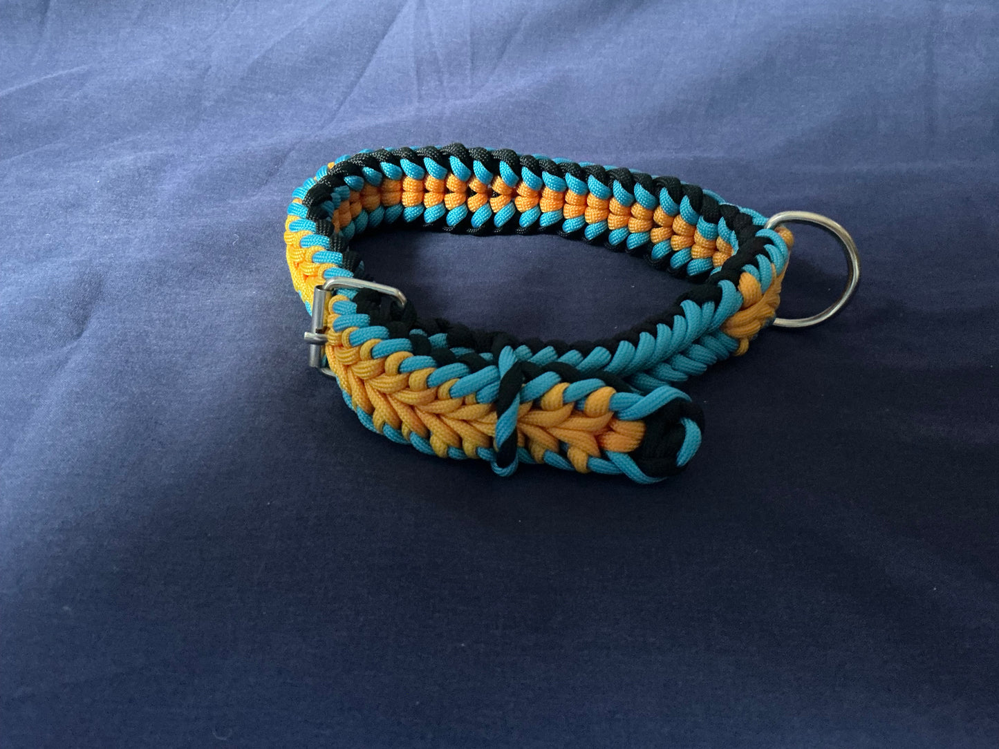 1.2” Wide 20” long Orange, Black & Blue Braided Paracord Dog Collar