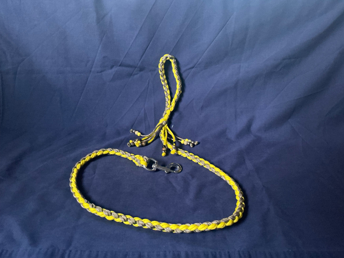 4 Ft large snap hook 8 cord Yellow and khaki Braided Paracord Dog Lead with Calming beads.