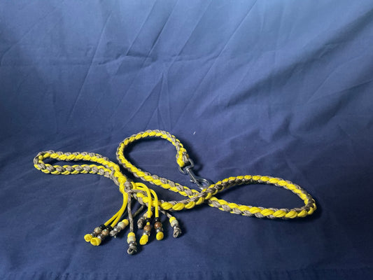 4 Ft large snap hook 8 cord Yellow and khaki Braided Paracord Dog Lead with Calming beads.