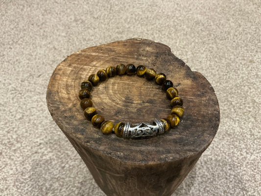 Tiger’s Eye Beaded Bracelet with Ornate Silver Barrel Charm