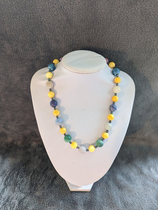 Multi-Gemstone Beaded Necklace with Snakeskin Agate ,Rose Quartz, Yellow Calcite, and Aventurine – Handmade