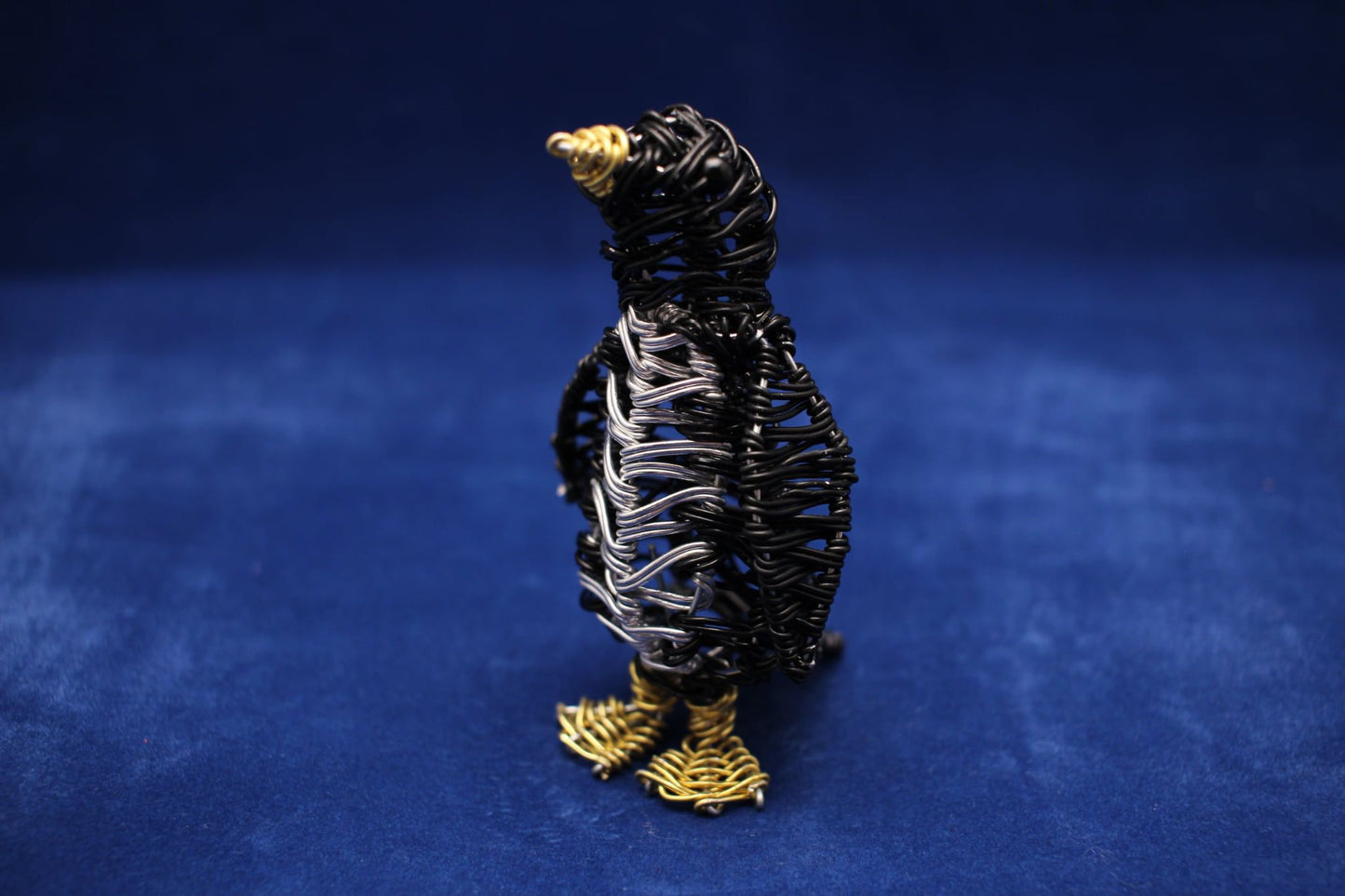 Black Silver & Gold Wire Penguin Sculpture – Handmade Art