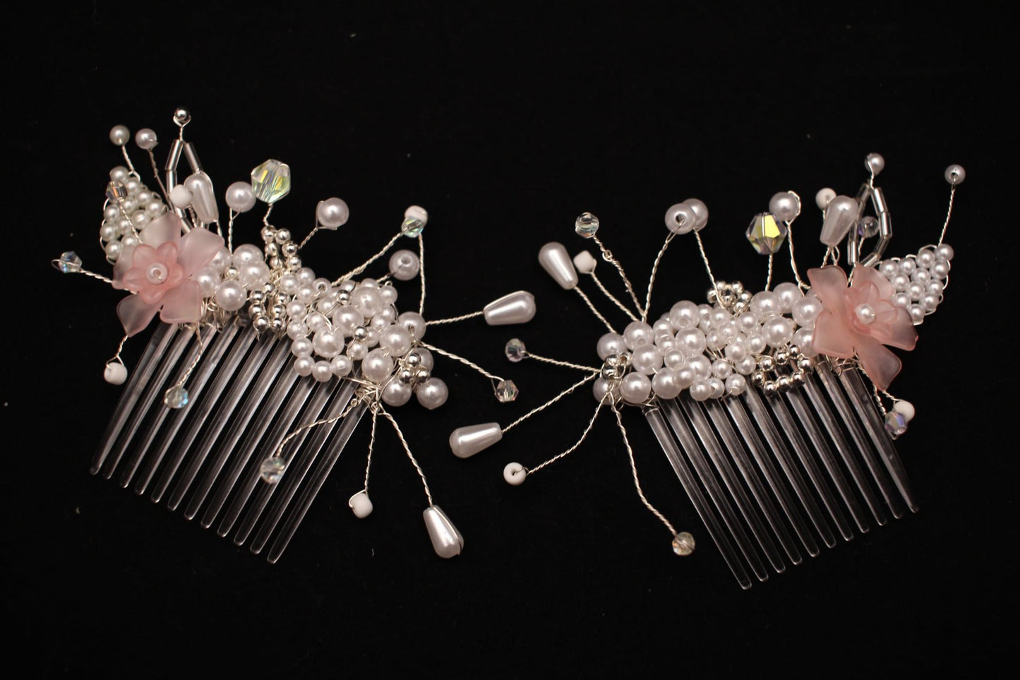 Elegant Hair Comb with Pearls, Pink Flowers & Silver Beads - Wedding & Prom