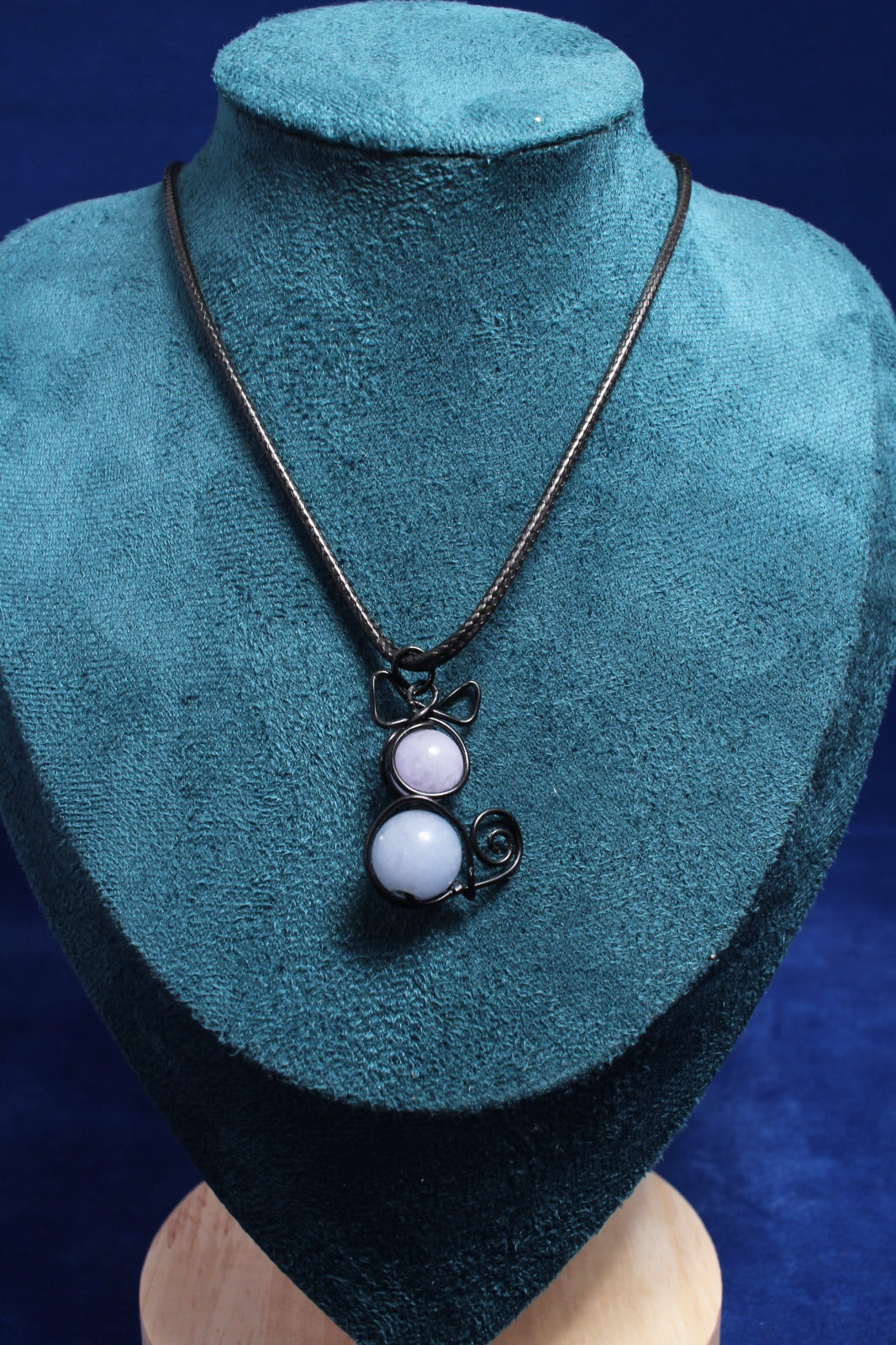 Aquamarine Gemstone Cat Pendant on Black Leather Cord