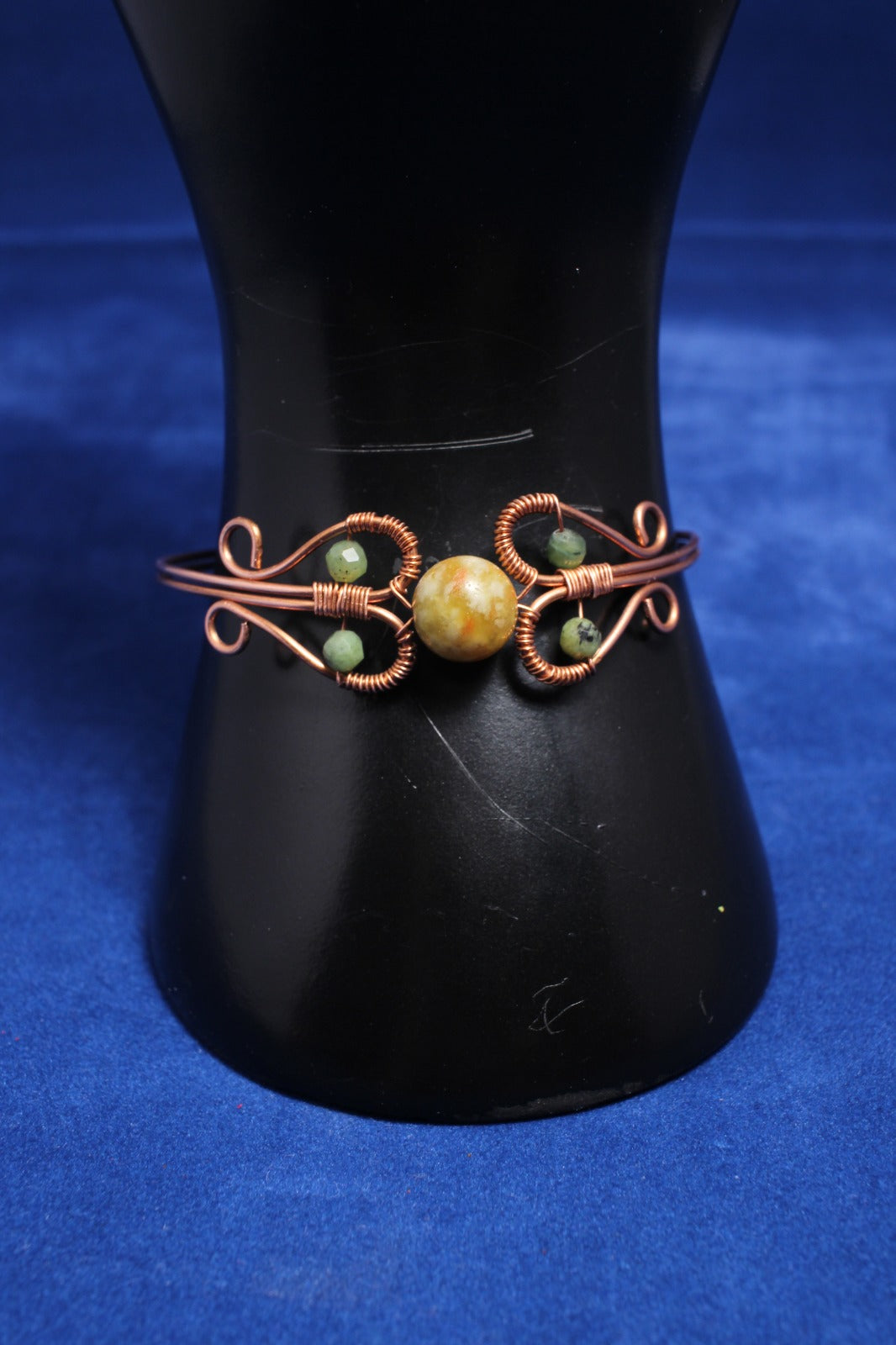 Serpentine Gemstone Bangle - 10mm Stone with Copper Wire 6.5"