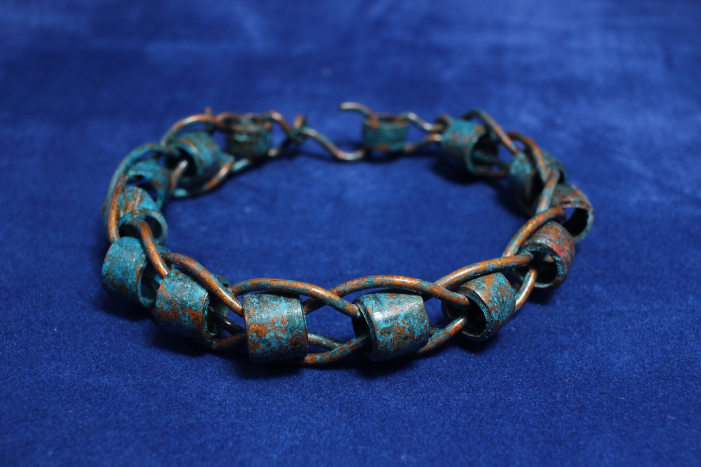 unusual Copper Wire Braided Bangle with Tubular Links - Blue Patina & Lacquered