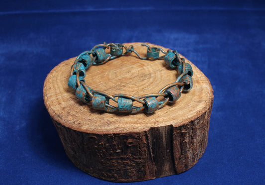 unusual Copper Wire Braided Bangle with Tubular Links - Blue Patina & Lacquered
