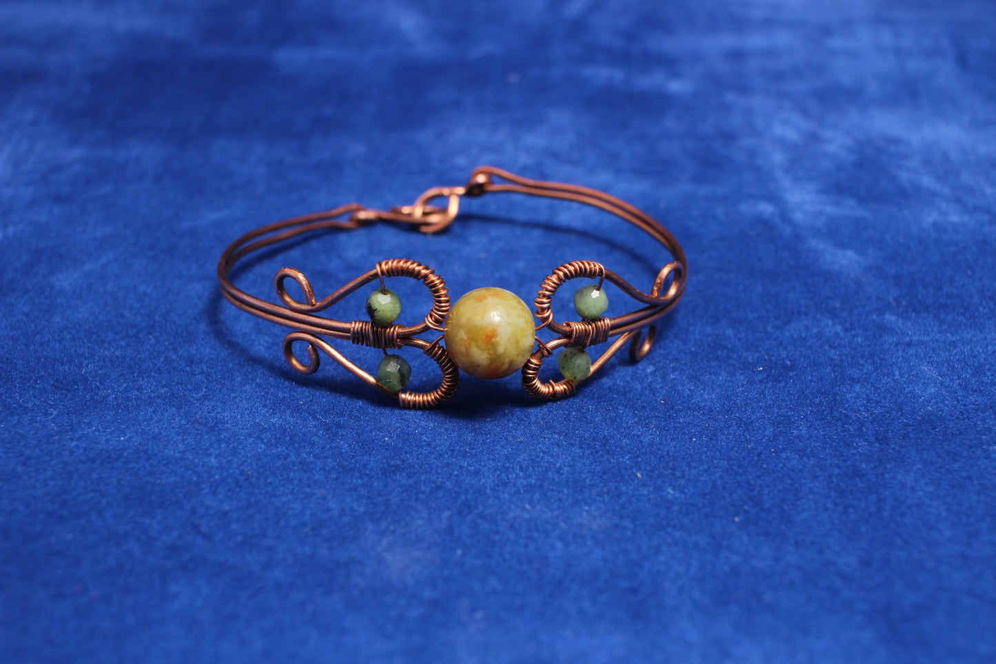 Serpentine Gemstone Bangle - 10mm Stone with Copper Wire 6.5"