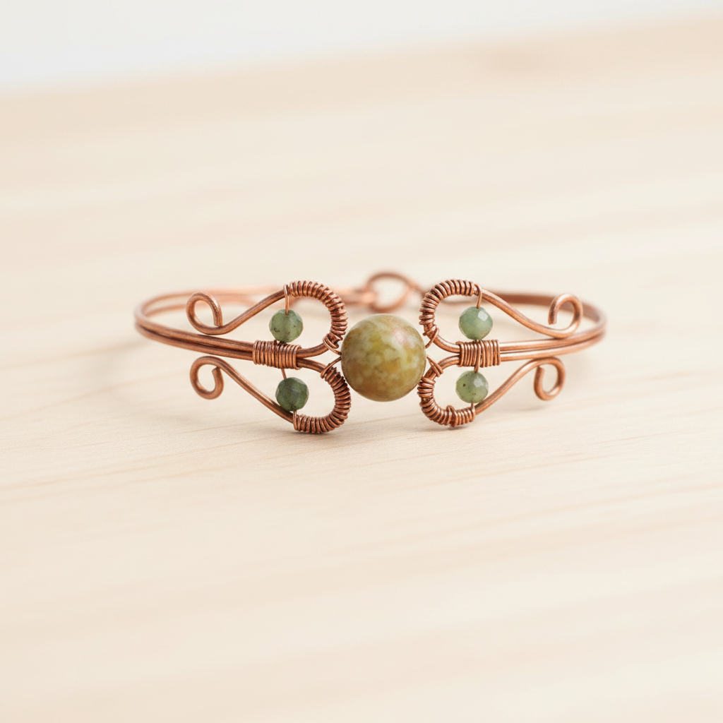 Handcrafted serpentine and copper wire bangle, bright airy editorial photography