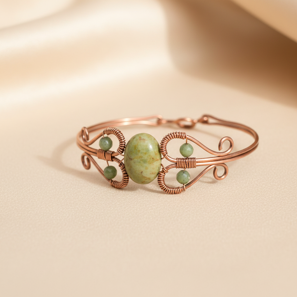 Handcrafted serpentine and copper wire bangle, bright airy editorial photography