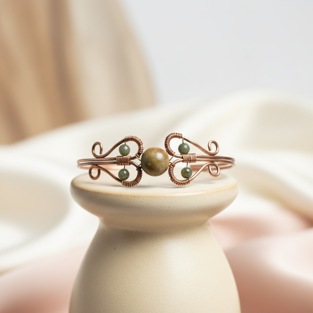 Serpentine & Copper Wire Bangle | 10mm Gemstone